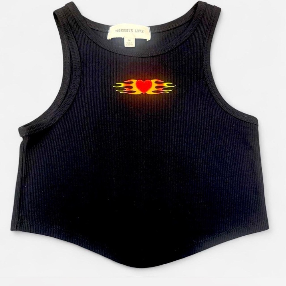 Obsessive Love Black Ribbed Crop Tank with Flame Heart Graphic